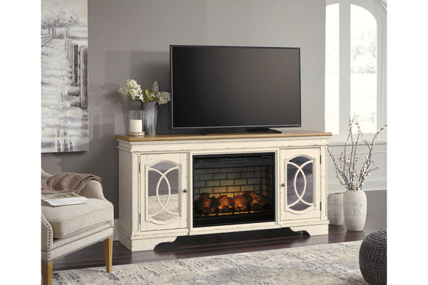 Realyn Chipped White 74" TV Stand with Electric Fireplace - SET | W743-68 | W100-121 - Nova Furniture