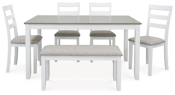 STONEHOLLOW White/Gray Dining Table and Chairs with Bench (Set of 6) - D382-325 - Nova Furniture